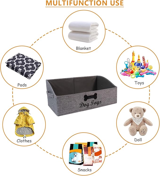 Collapsible Dog Toy Box - Fabric Storage for Toys/Blankets/Leashes - Personalizable - Gray