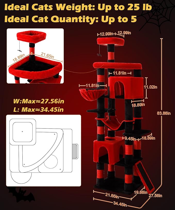 AMHANCIBLE Gothic Heavy Duty Cat Tree for Indoor Cats Large Adult 20 lbs+, 83 Inch Multi-Level Tall Cat Tower with Scratching Post and Board, Hammock, Condos, Hanging Basket, Black Red, PT21RD