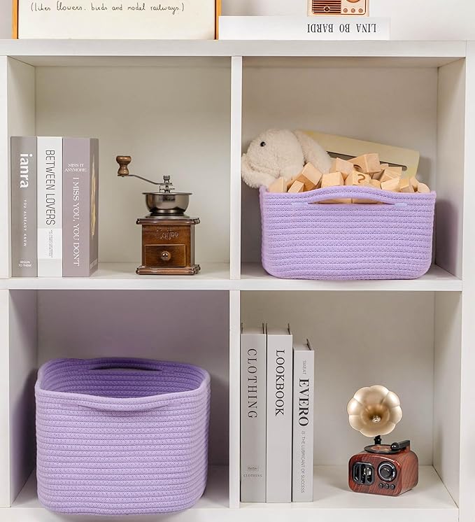 CubesLand Cube Storage Organizer Basket Bin, Cube Shelf Shelves Cotton Rope Basket, Durable Woven Rectangular Basket for Organizing, Nursery Toys Basket, 14x10x7.08IN Purple Basket