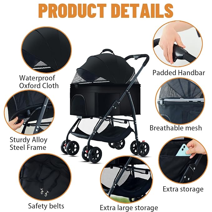 3-in-1 Pet Dog Stroller, Dog Wagon with Removable Carrier, Cat Stroller for Medium Dogs Up to 55lbs (Black)