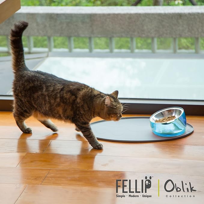 Felli Oblik Elevated Cat Bowl Removable Stainless Steel Wide Dish for Dry Wet Food Feeding & Dishwasher Clean, Slanted Whisker Fatigue Friendly Metal Plate + Acrylic Base Non Slip (0.5Cup Sapphire)