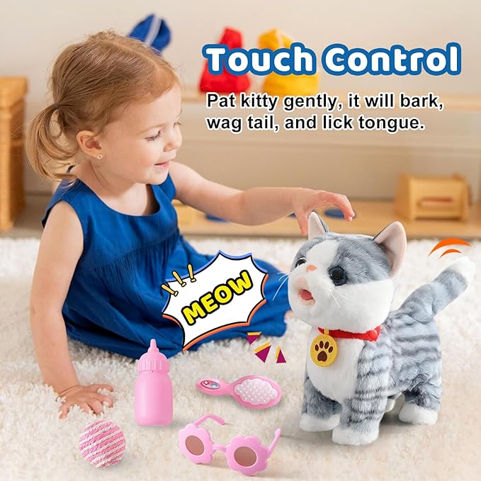 Gray Walking Cat Set Interactive Toy Cat for Girl Repeat What You Say Toy Kitten Talking Singing Dancing Touch Control Robot Cat Toy for Kid with Leash Wagging Tail Nodding Plush Electric Kitty