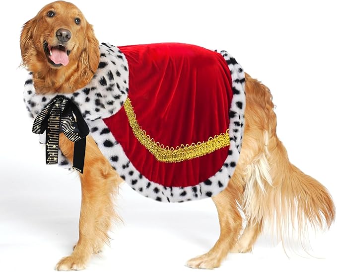 Pet Cloak King Dog Cape Robe Cute Halloween Christmas Cat Costume Queen Clothes Lux Fur Royal Cape Prince Princess Outfit Birthday Dress Small Large Dog Halloween Costume (Crimson, Large)