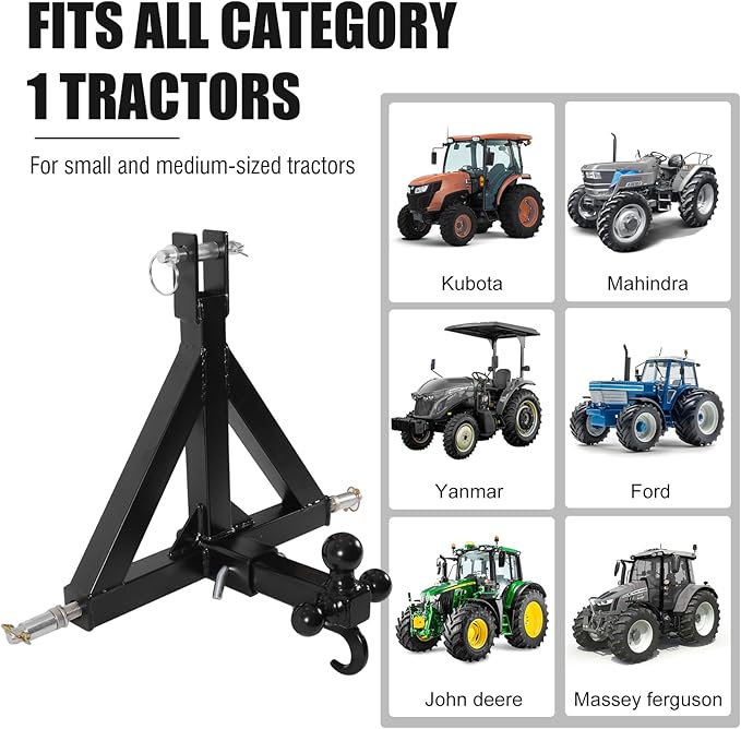 3 Point Trailer Hitch with 2" Receiver and Towing Hook - Heavy Duty Drawbar Adapter for 3 Pt Farm Equipment and Subcompact Trailers, Compatible with Kubota, Yanmar, Kioti, and Cat Tractors