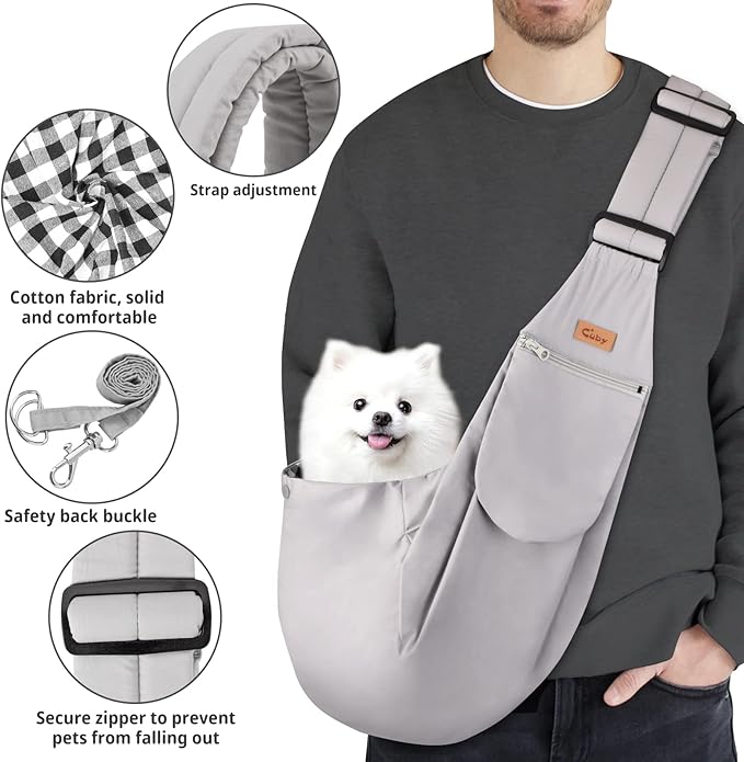 CUBY Dog and Cat Sling Carrier, Hands Free Reversible Pet Papoose Bag, Soft Pouch Adjustable, Suitable for Puppy Cats for Outdoor Travel (Grey Classic, S-Adjustable Strap)