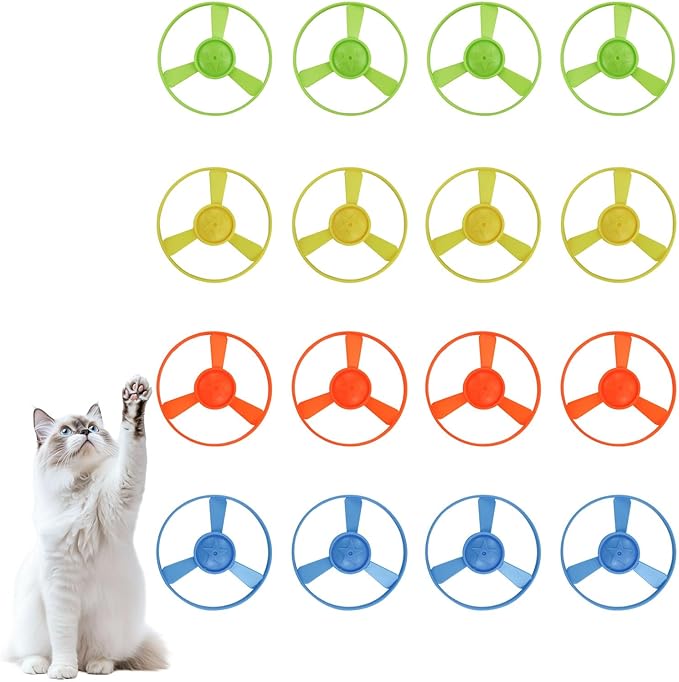 Andiker Cat Fetch Toy, Interactive Kitten Flying Disc Launcher Toy with 5 Colorful Flying Propellers for Cat Enrichment, Flying Saucer Toy for Cats for Training and Chasing (16 pcs)