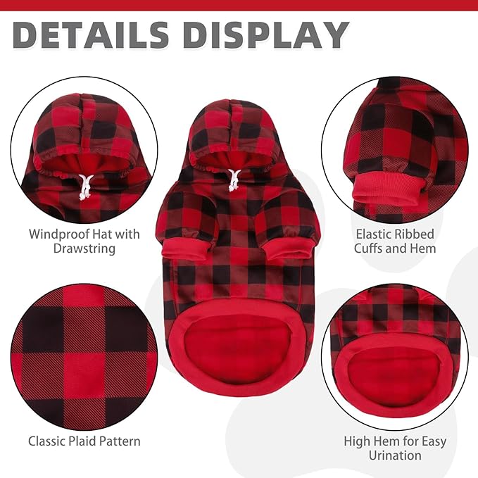 KOOLTAIL Plaid Dog Hoodie for Small Medium Large Dogs - Pet Clothes Sweater with Hat and Pocket for Cold Weather Winter, Warm Soft Hooded Sweatshirt Coat Outfit for Puppy Cats Girls Boys Red XXL