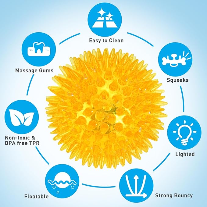 6-Pack 2.5” LED Light-Up Squeaky Dog Toy Balls ，Durable Interactive Glow Fetch Toys for Aggressive Chewers，BPA Free Non-Toxic, Spiky Puppy Chew Balls