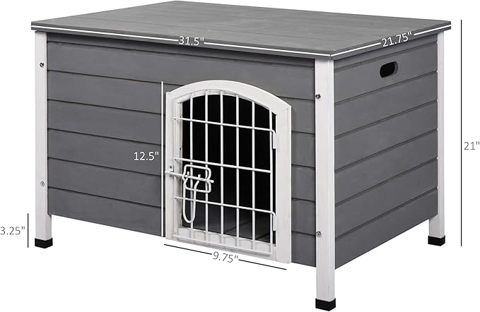 PawHut 31" L Wooden Decorative Dog Cage Kennel Wire Door with Lock Small Animal House with Openable Top Removable Bottom Grey