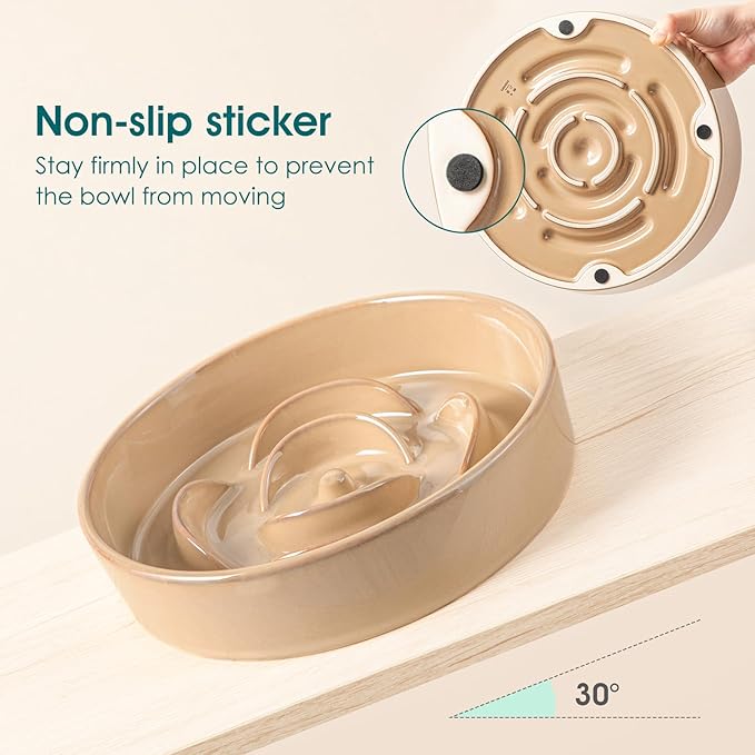 vancasso Slow Feeder Dog Bowl, 3 Cups Ceramic Slow Feeder for Large Breed, Puzzle Maze Dog Food Bowl for Fast Eater, Khaki