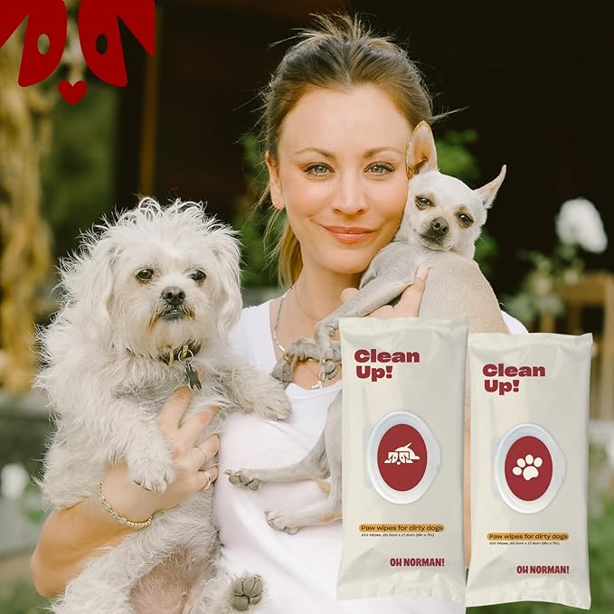 OH NORMAN! Clean Up Paw Wipes for Dogs (8x7) by Kaley Cuoco, Gentle Pet Grooming Wipes, Plant-Based and Unscented, 100 Count