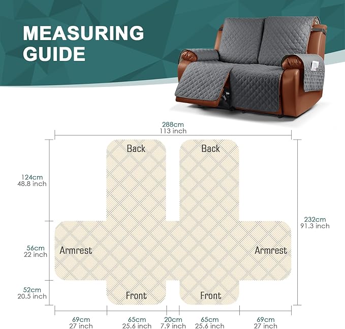 Ruaozz Waterproof Recliner Sofa Cover 1-Piece Couch Covers for Reclining Couches Reclining Sofa Cover Washable Furniture Protector with Elastic Straps Pocket for Kids, Pets (Dark Grey, 2 Seater)