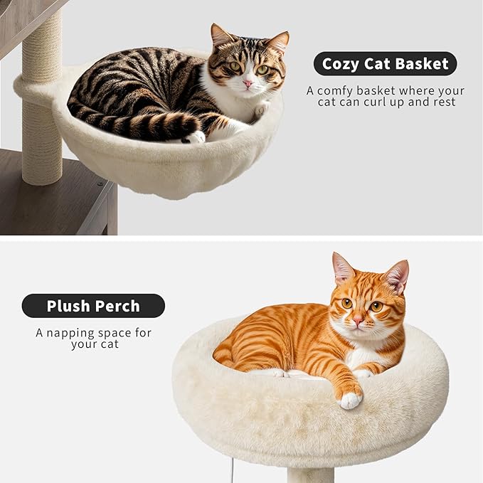 Litter Box Enclosure with Cat Tree Tower and Condo, Hidden Cat Washroom Furniture with Sisal Scratching Post & Soft Plush Perch, Wooden Cat Furniture with Multiple Platforms,Griege