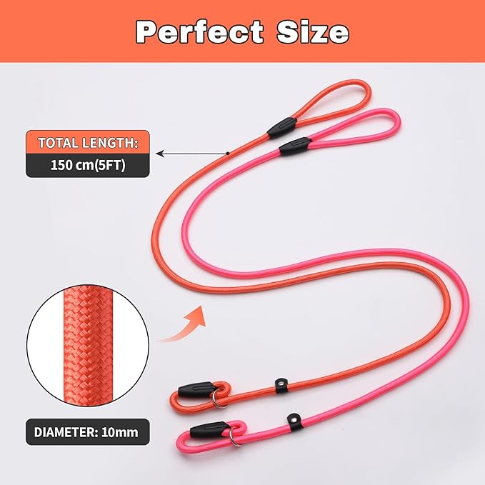 3-Pack Adjustable Dog Slip Leads Pink/Light Blue/Orange - Super-Strong, Easy On/Off, No Collar Needed, Standalone Use, Eye-Catching for Walking/Training