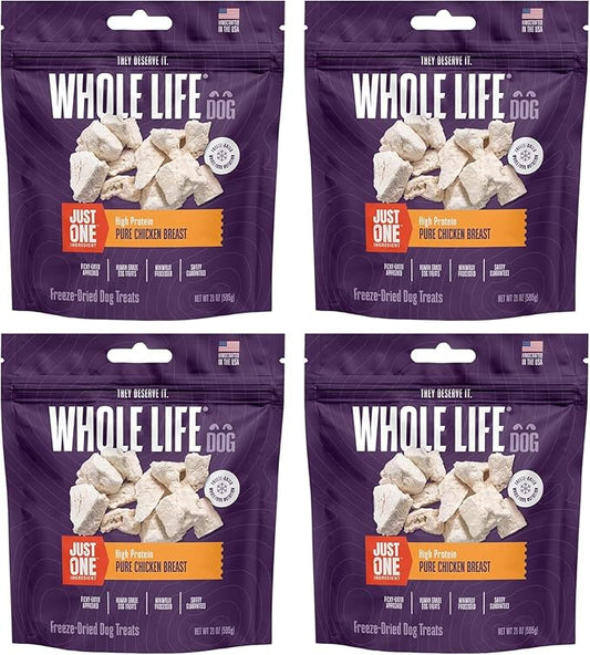 Whole Life Dog Just One Chicken Freeze Dried Dog Treats - Human Grade High Protein Food, Healthy Training Snacks, Freeze Dried Food Toppers, USA Made Natural Treats - 21 oz (Pack of 4)