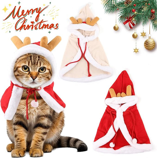 Christmas Cat Cape Costume - Adjustable Pet Role-Playing Accessories Set for Small-Sized Cats, Christmas Eve Party Decoration (Reindeer, S)