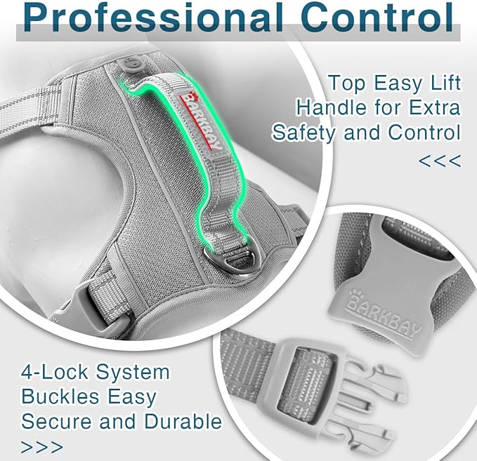 BARKBAY Dog Harness No Pull with ID Tag Pocket - Heavy Duty, Reflective, Easy Control for Large Dogs(Grey,S)