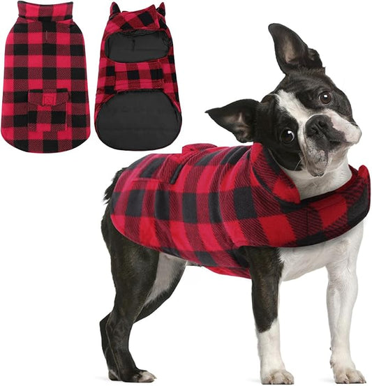 AOFITEE Dog Coat Plaid Dog Winter Coat for Small Dogs, Warm Dogs Jacket Christmas Sweater, Waterproof Pet Puffer Jacket, Reversible Pet Cold Weather Coats for Small Medium Large Pets, Red M