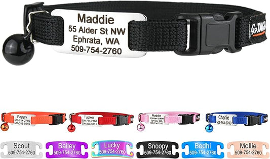 GoTags Personalized Cat Collars with Tag, Engraved Custom Cat Collar with Name and Phone, Breakaway Collar with Safety Buckle and Bell, Adjustable for Cats and Kitten (Black with Nameplate)