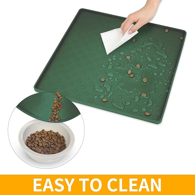 Ptlom Pet Placemat for Dog and Cat, Waterproof Silicone Pet Feeding Bowl Mats for Food and Water, Small Medium Large Dogs Mat Prevent Residues from Spilling to Floor, Hunter, 11.8"x11.8"