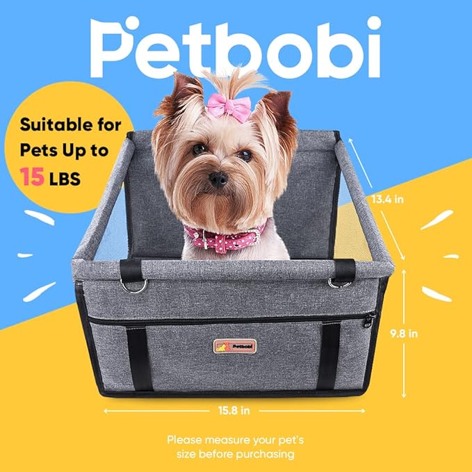 Petbobi Pet Reinforce Car Booster Seat for Dog Portable and Breathable car Booster seat with Seat Belt Dog Carrier Safety car seat for Travel, with Clip on Leash with PVC Tube (Cationic Fabric Grey)
