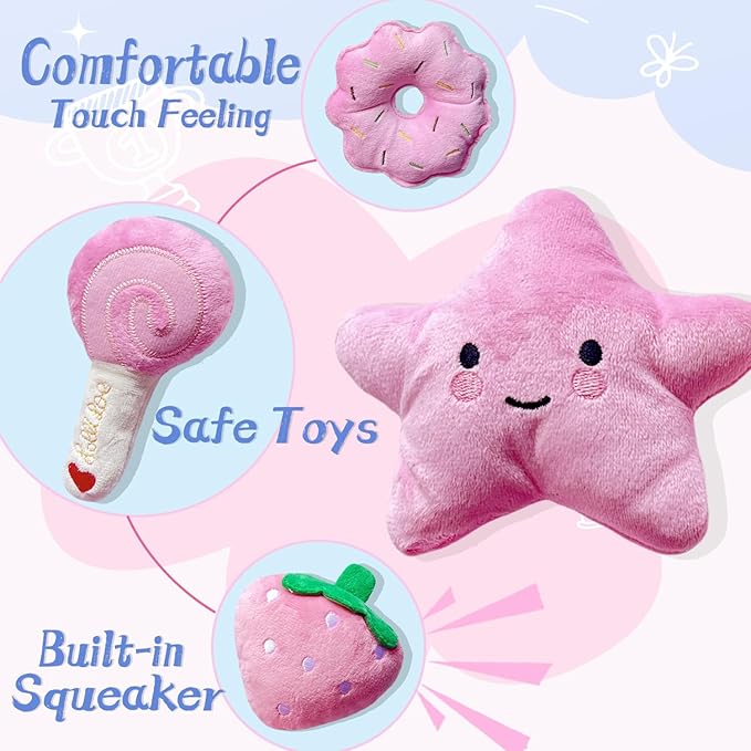 Small Dog Toys, Squeaky Dog Toy for Small Dogs- Pink Cute Puppy Toys, 4 Packs Pet Chew Toys for Fun, Interactive Dog Plush Toys for Puppies, Doggie Birthday Gifts