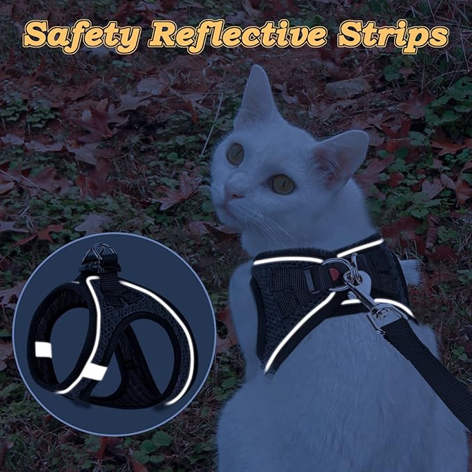 Cat Harness and Leash for Walking Escape Proof, Adjustable Kitten Vest Harness Reflective Soft Mesh Puppy Harness for Outdoor, Comfort Fit, Easy to Control (Black, XS)