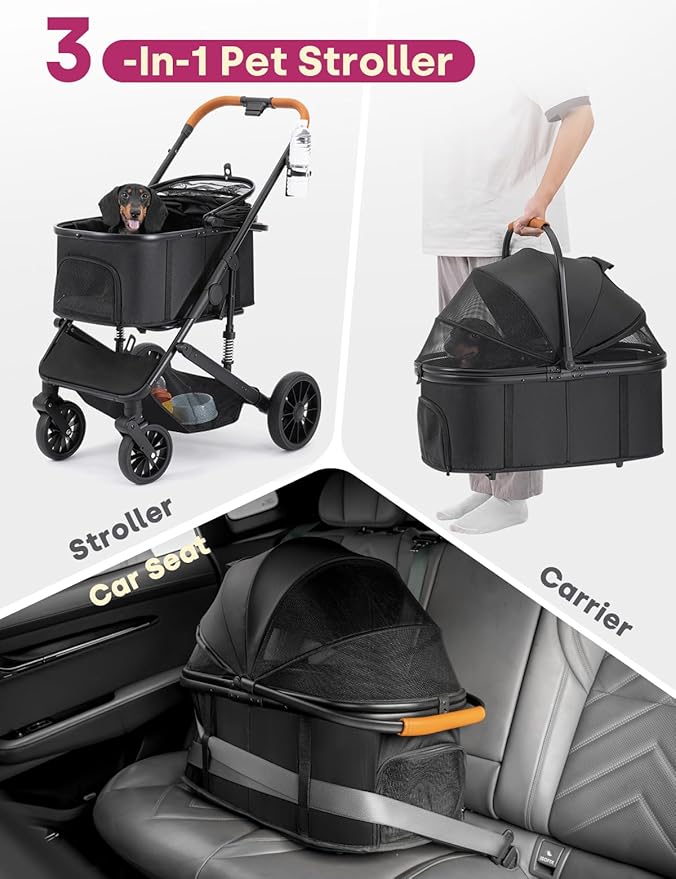 Dog Stroller for Small Medium Dogs Up to 60lbs, 4 Wheels Folding Pet Stroller with Detachable Carrier, Pet Travel Carrier for 2 Dogs & Cats, Storage Basket, Breathable Mesh, Cup Holder, Black
