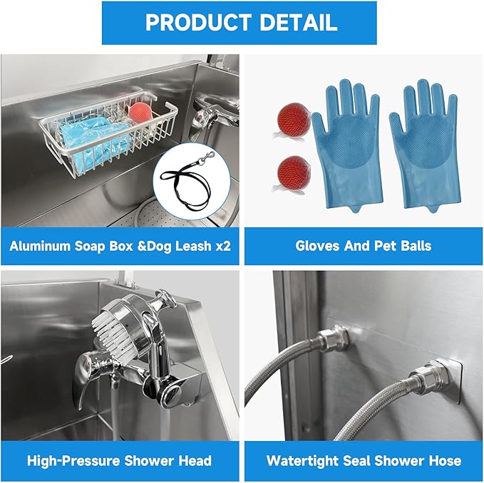 Dog Washing Station 46" Dog Grooming Tub with Right Stair& Faucet, Stainless Steel Dog Bathing Station for Home,Dog Bathtub for Large,Medium,Small Pets