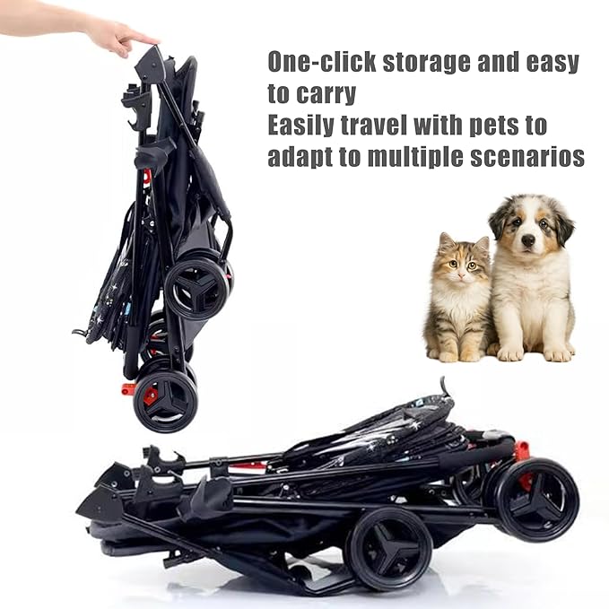 3-in-1 Pet Stroller for Small/Medium Dogs&Cats, 4 Wheels Lightweight Dog Stroller with Detachable Carrier, Storage Basket and Cup Holder, One-Click Folding Pet Travel Carrier for Car Seat & Hand Carry