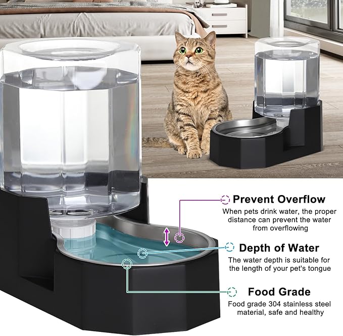 Sfozstra Gravity Water Bowl Dispenser : Automatic 5L Black Cat Stainless Steel Feeder Without Filters - for Dogs with Joint Problems - Suitable in Garage Bedroom