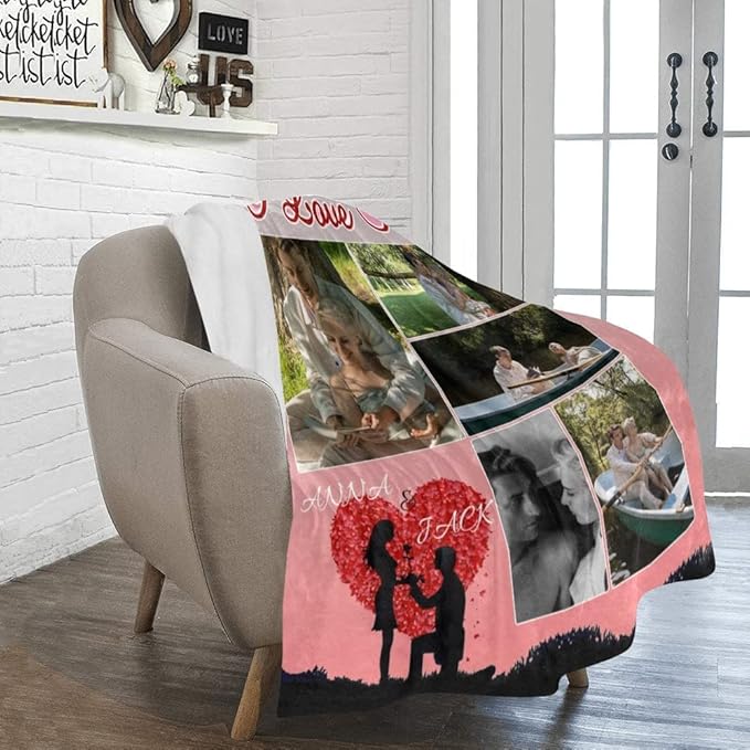 Custom Valentine's Day Blanket with Picture Photo Name, Make a Customized Collage Blankets Gift for Lover, Personalized Throws Blanket to My Wife Husband Souvenir 5 Photos Made in USA