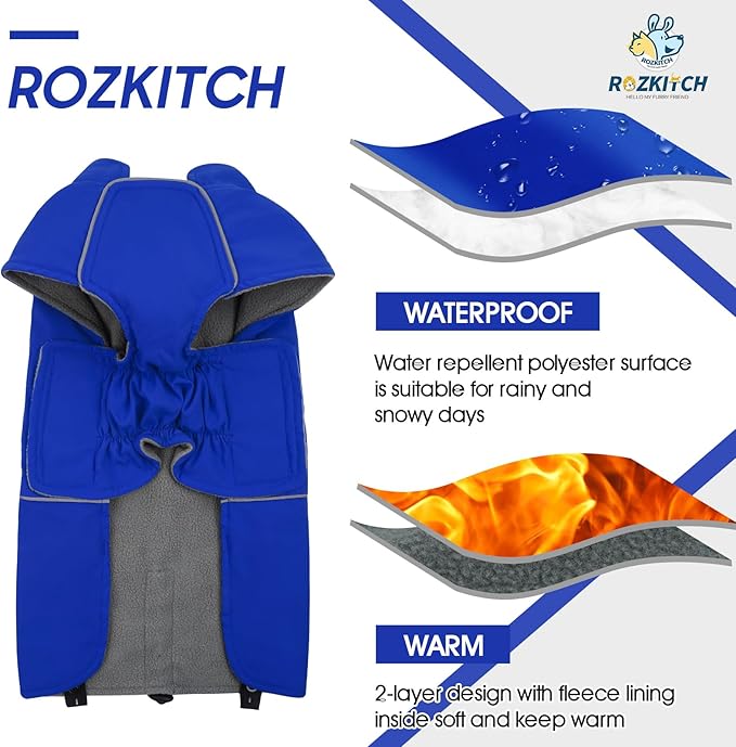 ROZKITCH Dog Rain Jacket, Waterproof Jacket with Fleece Liner and Leash Hole Reflective Strip for Small Medium Dog, Adjustable Winter Coats Poncho Vest for Outdoor Hiking Travel Blue M