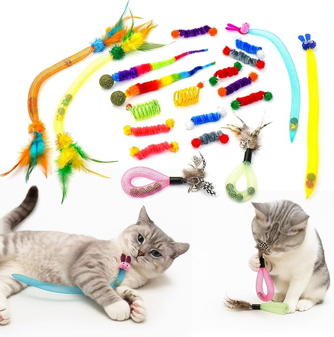 20PCS Interactive Cat Toys t for Indoor Cats, Feather Elastic Mesh, Catnip Ball, Colorful Spring, Rainbow Plush, Teething & Self-Play Kitten Accessories Variety Pack