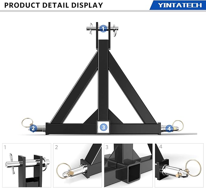 YINTATECH 3 Point Hitch with 2" Receiver for Category 1, 3 Pt Receiver Tractor, Heavy Duty Quick Hitch Drawbar Adapter fit for Kubota, Kioti, Yanmar, Cat, NorTrac, BX, LM25H Tractor