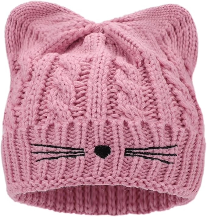 Kids Girls Cat Ear Hat Winter Warm Knit Beanie Cute Ski Skull Cap for Ages 7-12