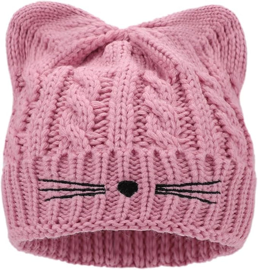 Kids Girls Cat Ear Hat Winter Warm Knit Beanie Cute Ski Skull Cap for Ages 7-12