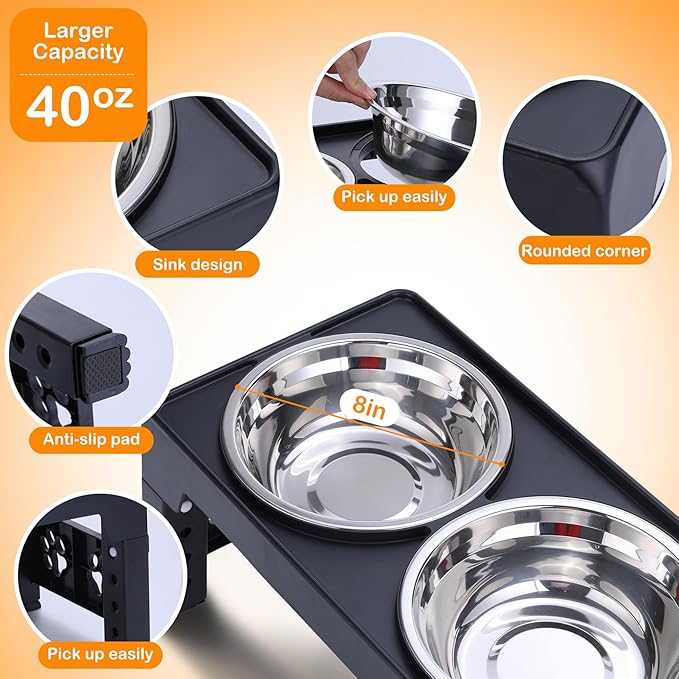 Elevated Dog Bowls, Raised Bowl with 2 Stainless Steel Food Bowls, Dog Bowls Stand Adjusts to 5 Heights 2.95", 8.46", 9.65", 10.82", 12.01" for Small Medium Large Cats Pets,Black