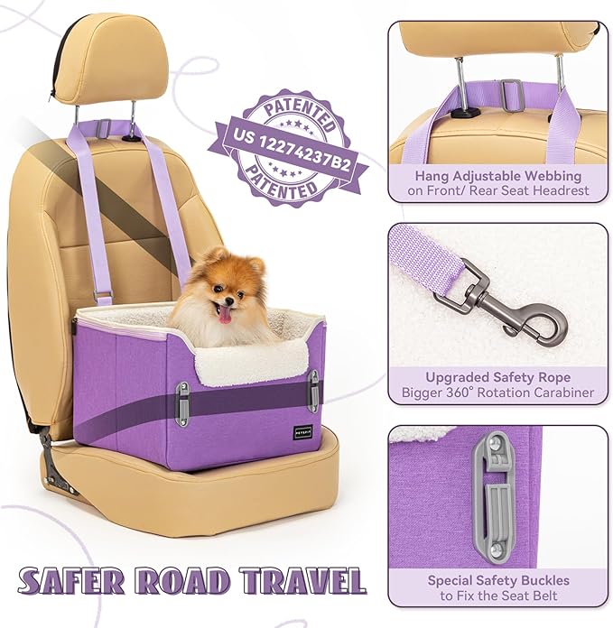 PETSFIT Small Dog Car Seat – Patented Safety Buckles – Safety Tether – Foldable Travel Dog Booster Car Seat Reduces Anxiety & Road Trips – Stable Frame, Soft Cushion, Fits Front/Back Seat (Purple)