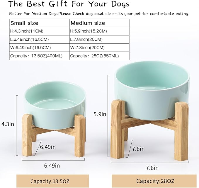 Petygooing 28 OZ Elevated/Raised Ceramic Dog Bowl for Small and Medium Breeds, Dog Food Water Dish with Stand,Pet Feeding Bowl with Anti Slip Rubber for Cats Small and Medium Dogs (3.6 Cups) Blue Sky