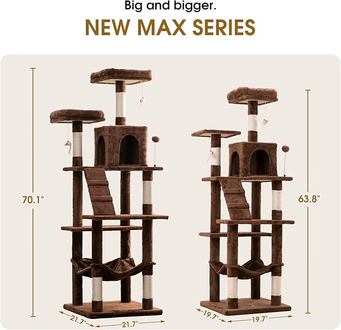 MWPO 70.1-Inch Large Cat Tree, Multi-Level Tall Cat Tower for Indoor Cats, Plush Cat Condo with Big Padded Perches, Sisal-Covered Scratching Posts, Hammock, Toys for Kittens & Cats - Brown