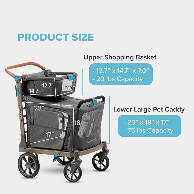Wadabuggy Pet XL Foldable Cart - Adjustable & Portable Pet Stroller with Caddy, Shopping Basket, Foam Filled Rubber Wheels & Storage - Carriage for Small & Medium Dogs, Cats Under 75 lbs