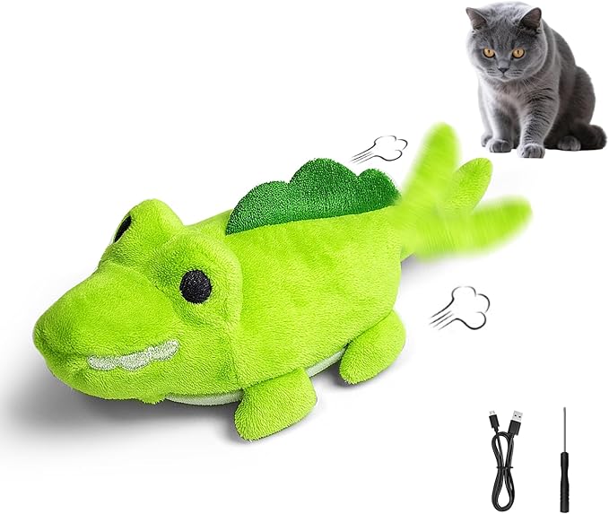 Interactive Cat Toys for Indoor Cats - Self-Charging Croc Chase Toy with 360° Motion, Wagging Tail & Catnip, Automatic Exercise Toy for Bored Kittens/Adults(Short Plush)