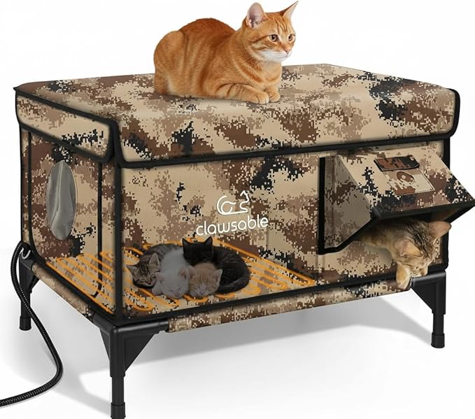 Indestructible Heated Cat House for Outside Winter, 100% Waterproof, Safe Escape Door, Insulated Outdoor Cat Shelter with Heater for Feral Barn Cat Kitty (Desert Camouflage, 27"x17"x18")