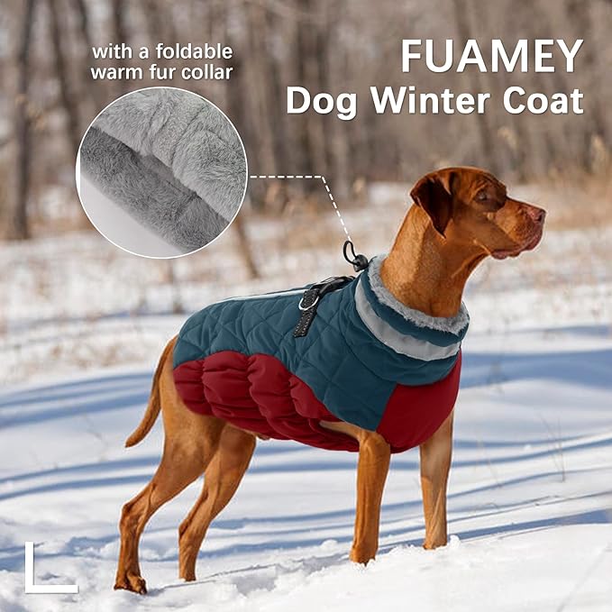 FUAMEY Dog Coat for Large Dogs,Waterproof Dog Winter Jacket with Harness Built in Puppy Cold Weather Coats Reflective Pet Vest with Zipper Warm Fleece Dogs Snowsuit Windproof Dark Blue XXL