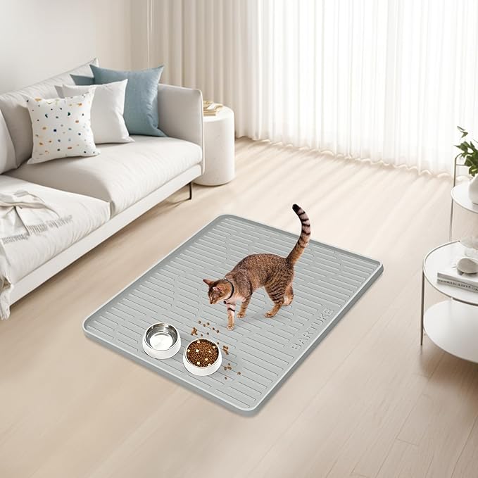 Silicone Cat & Dog Food Mat, 24" x 24" Large Pet Feeding Mat for Cats and Dogs Bowl, Pet Placemat for Food and Water with Raised Edge, Waterproof, Leakproof (Grey)