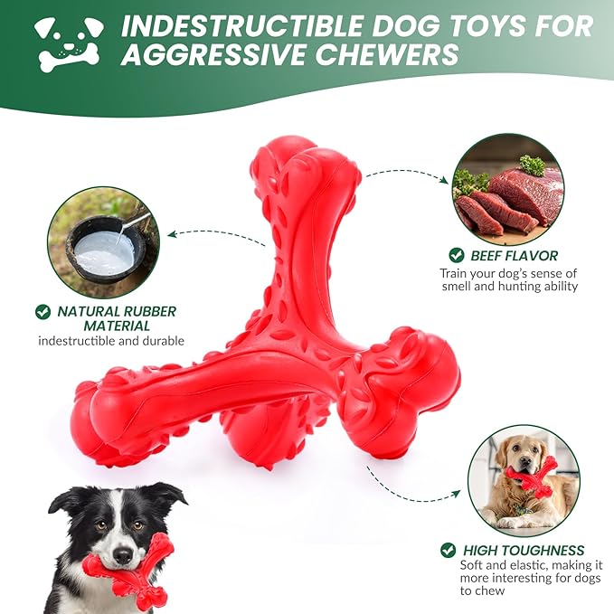 Dog Chew Toys for Aggressive Chewers Large Breed,Indestructible Bones Toy，Durable Cleaning Toothbrush Natural Rubber Dog Toys… (Red)