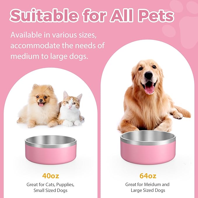 LIANLAI Stainless Steel Dog Bowls, Rust-Resistant Pet Bowls, Non Slip Dog Water Bowl, Versatile Feeding Bowls(Pink，64 oz)