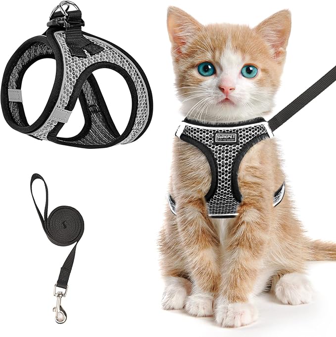 Cat Harness and Leash for Walking Escape Proof, Adjustable Kitten Vest Harness Reflective Soft Mesh Puppy Harness for Outdoor, Comfort Fit, Easy to Control (Gray, XXS)