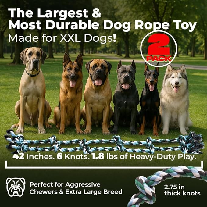 Giant Dog Rope Toys for Extra Large Dogs - 42 Inch, 6 Knot Tough Rope Chew Toys for Large Dogs - Benefits Non-Profit Animal Rescue - Indestructible Dog Toy for Aggressive Chewers (2 Pack)